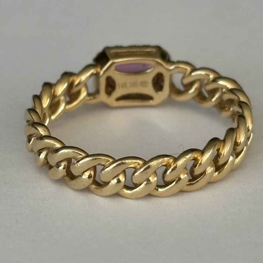 14 KT Gold Chain-Link Ring with Pink Emerald-Cut Sapphire Diamond Halo 6.5 - Picture 5 of 8
